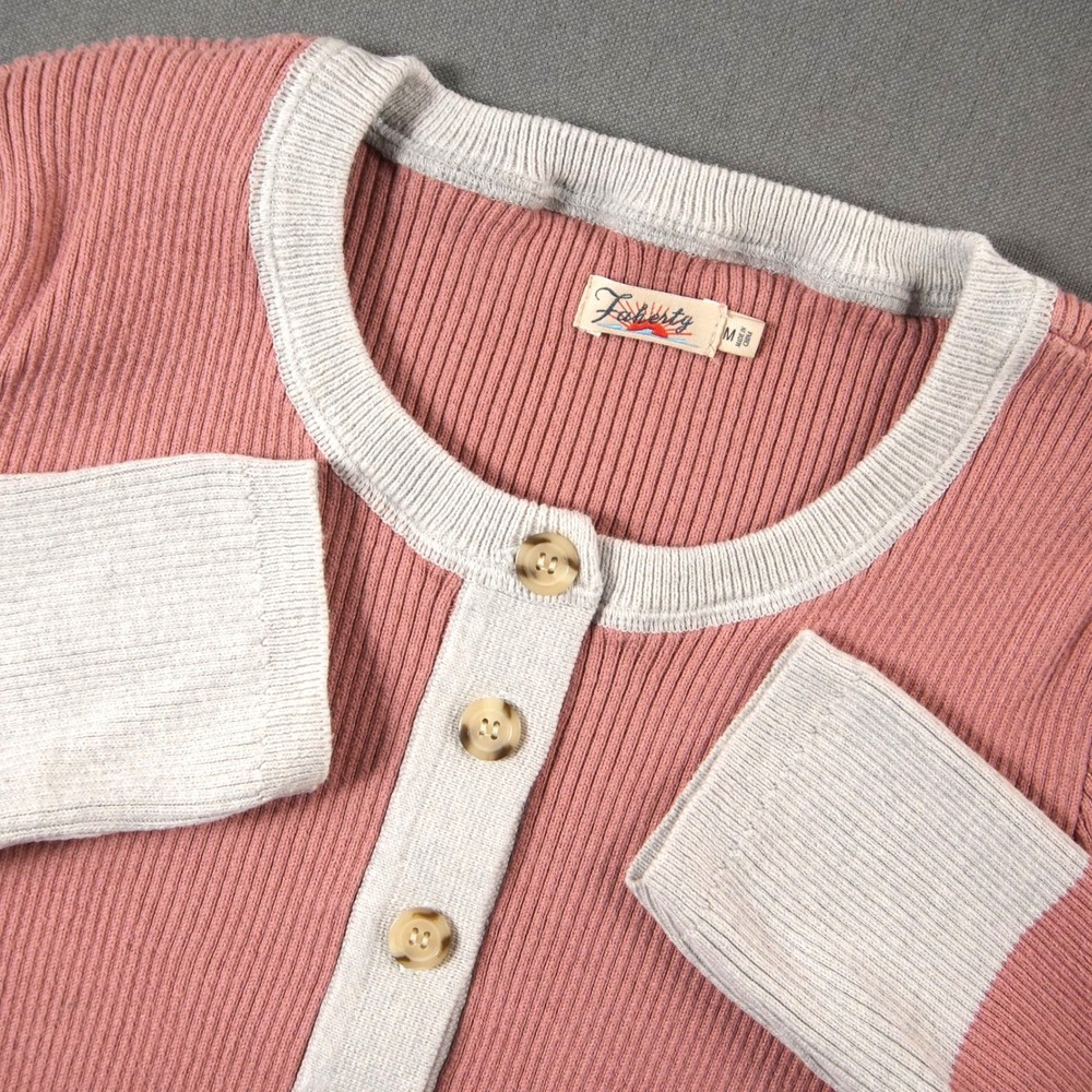 Y2K Faherty Ribbed Thermal Cashmere Blend Henley Stripe Sleeve Women Top M